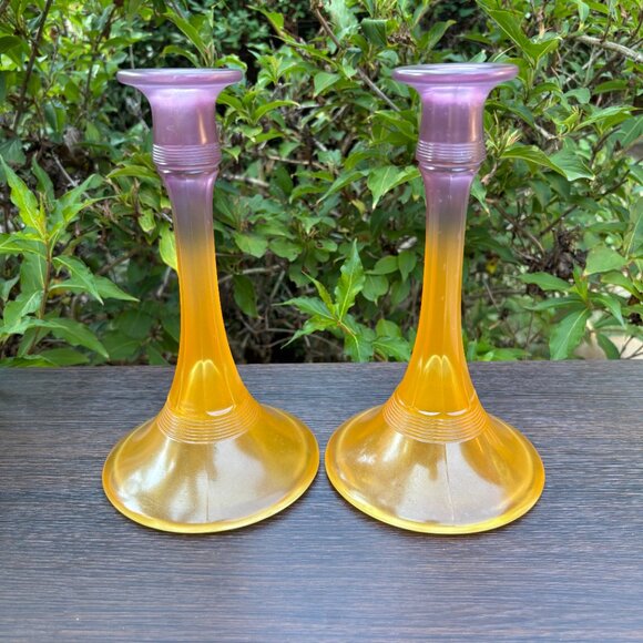 Pair of Vintage Satin Pressed Glass Candle Holders with Amber Purple Gradient - Picture 3 of 15
